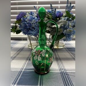 Vintage Hand Painted/Blown Emerald Green Glass Decanter Cruet with Stopper